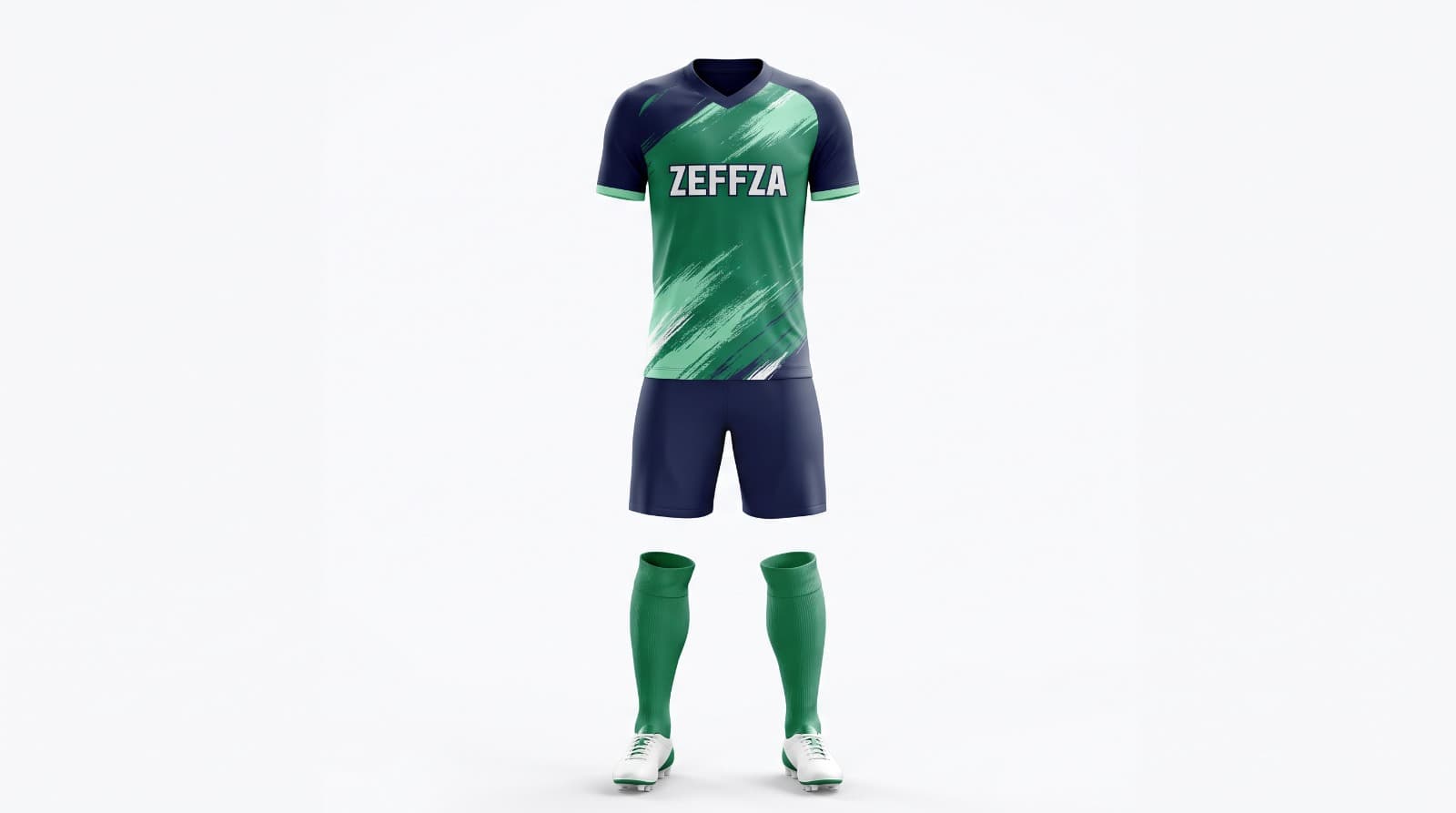 Soccer jersey, shorts, and socks shown as a team kit product reference.